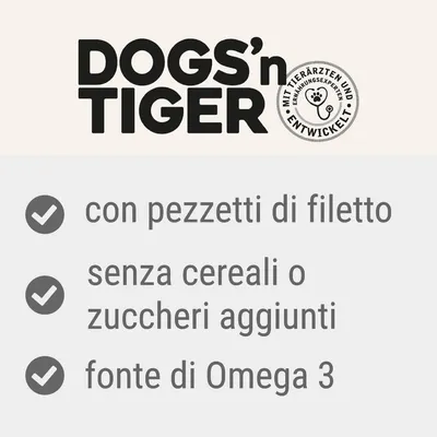 DOGS'n TIGER con pezzetti di filetto, senza cereali o zuccheri aggiunti, fonte di Omega 3. Testo in tedesco: Mit Tierärzten und Ernährungsexperten entwickelt.