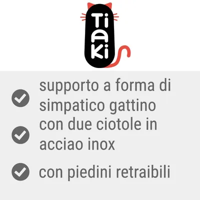 Tiaki. Supporto a forma di simpatico gattino con due ciotole in acciaio inox, con piedini retrattili.