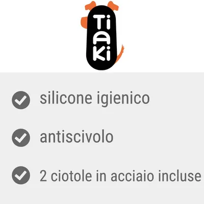 Tiaki. Silicone igienico, antiscivolo, 2 ciotole in acciaio incluse.