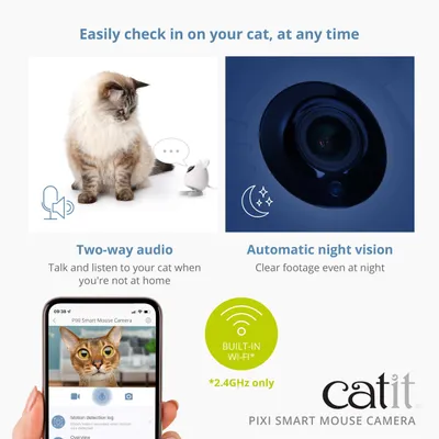 catit PIXI Smart Mouse Kamera med tovejskommunikation, automatisk nattesyn og indbygget WiFi (kun 2,4 GHz). Overvågning og kommunikation med katten via app mulig. catit PIXI Smart Mouse Kamera med tovejskommunikation, automatisk nattesyn og indbygget WiFi (kun 2,4 GHz). Overvågning og kommunikation med katten via app mulig.