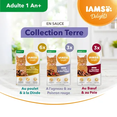 IAMS Delights Collection Terre en sauce pour chat adulte 1 an+, 6x poulet et dinde, 3x agneau et poivron rouge, 3x bœuf et foie, sachets de 85 g chacun. Texte visible en français et anglais.