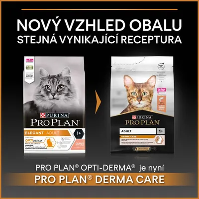 Porovnanie starého a nového obalu krmiva pre mačky Purina Pro Plan. Nový názov: PRO PLAN DERMA CARE, pôvodne PRO PLAN OPTI-DERMA. Text v češtine: Nový vzhled obalu.