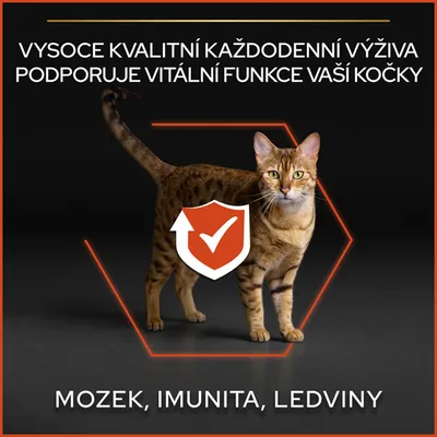 Vysoká kvalita každodenní výživy podporuje vitální funkce kočky. Mozek, imunita, ledviny. Obrázek kočky s oranžovým štítem a zaškrtnutím.