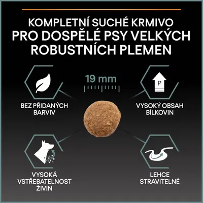 Kompletní suché krmivo pro dospělé psy velkých robustních plemen, granule 19 mm, bez přidaných barviv, vysoký obsah bílkovin, vysoká vstřebatelnost živin, lehce stravitelné.