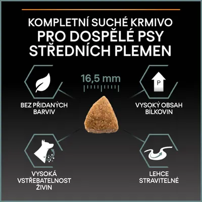 Kompletní suché krmivo pro dospělé psy středních plemen, velikost granule 16,5 mm, bez přidaných barviv, vysoký obsah bílkovin, vysoká vstřebatelnost živin, lehce stravitelné.