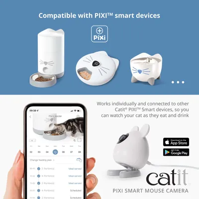 Catit PIXI Smart Mouse Kamera, kompatibel med PIXI Smart-enheder. Styring og overvågning via app er mulig. Afbildet: Foderautomat, foderskål, drikkefontæne. Catit PIXI Smart Mouse Kamera, kompatibel med PIXI Smart-enheder. Styring og overvågning via app er mulig. Afbildet: Foderautomat, foderskål, drikkefontæne.
