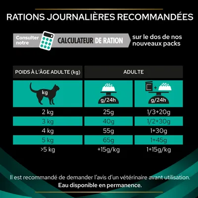 Tableau des rations journalières recommandées pour chats adultes : 2 kg 25 g, 3 kg 40 g, 4 kg 55 g, 5 kg 65 g, plus de 5 kg +15 g/kg. Eau disponible en permanence.