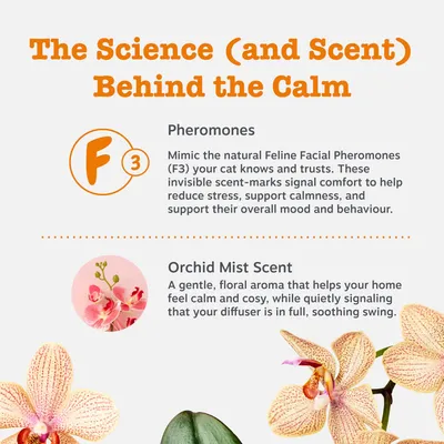 Explanation of pheromones: Replica of natural cat facial pheromone F3 for stress reduction. Orchid Mist Scent: Gentle, floral fragrance for a calming atmosphere. Explanation of pheromones: Replica of natural cat facial pheromone F3 for stress reduction. Orchid Mist Scent: Gentle, floral fragrance for a calming atmosphere.