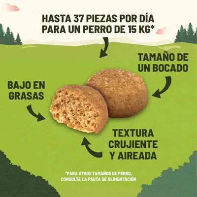 Hasta 37 piezas por día para un perro de 15 kg. Bajo en grasas. Tamaño de un bocado. Textura crujiente y aireada. Para otros tamaños de perro, consulte la pauta de alimentación.