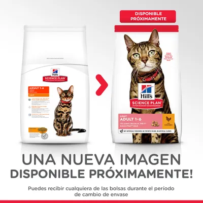Hill's Science Plan Adult 1-6 Light pollo para gatos. Imagen de dos envases diferentes, uno con texto 'DISPONIBLE PRÓXIMAMENTE'. Puede recibirse cualquiera durante el cambio de envase.