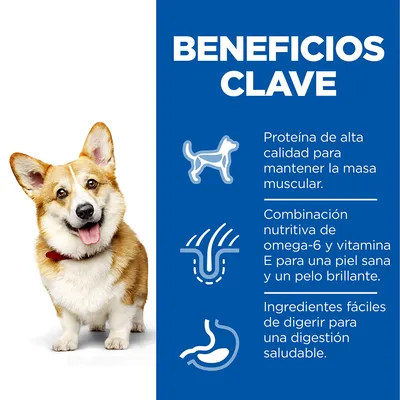 Beneficios clave: proteína de alta calidad para masa muscular, omega-6 y vitamina E para piel y pelo, ingredientes fáciles de digerir para digestión saludable.