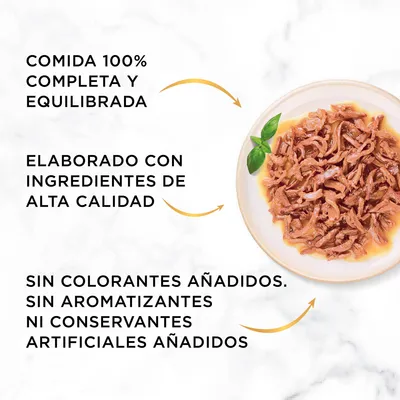 Comida 100% completa y equilibrada. Elaborado con ingredientes de alta calidad. Sin colorantes añadidos. Sin aromatizantes ni conservantes artificiales añadidos.