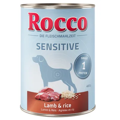 Rocco Sensitive hondenvoer, 400 g blik. Tekst: SENSITIVE, SINGLE 1 PROTEIN, Lamb & rice, Lamm & Reis, Agneau et riz. Afbeelding van lamsvlees en rijst op het etiket.