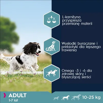 ADULT 1–7 lat, 10–25 kg. L-karnityna przyspiesza przemianę materii. Wysłodki buraczane i prebiotyki dla lepszego trawienia. Omega-3 i -6 dla zdrowej skóry i sierści.