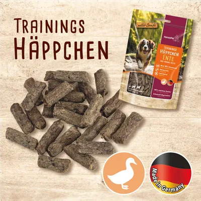 HansePet naturSnacks Træningsbidder And, 100% naturlige ingredienser, Made in Germany, Monoprotein, kornfri, skånsomt lufttørret. HansePet naturSnacks Træningsbidder And, 100% naturlige ingredienser, Made in Germany, Monoprotein, kornfri, skånsomt lufttørret.
