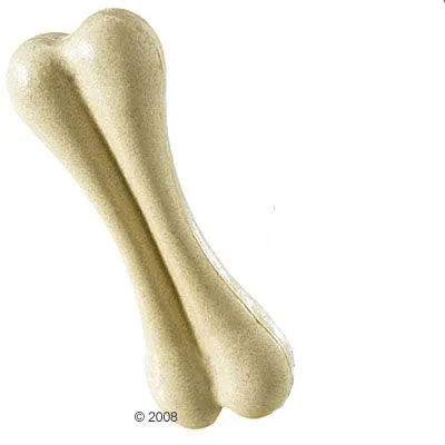 Benformad tuggleksak i beige färg, tillverkad av ett fast material. Ingen synlig text eller varumärke på produkten.