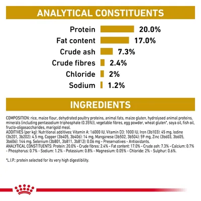 Ravintoaineet: proteiini 20 %, rasva 17 %, tuhka 7,3 %, kuitu 2,4 %, kloridi 2 %, natrium 1,2 %. Ainesosat ja lisäaineet lueteltu englanniksi. Royal Canin -logo alareunassa.