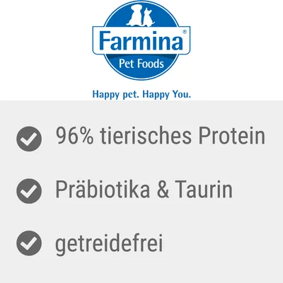 Farmina Pet Foods. 96% dierlijk eiwit, prebiotica en taurine, graanvrij.