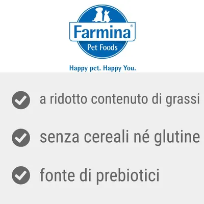 Farmina Pet Foods. a ridotto contenuto di grassi, senza cereali né glutine, fonte di prebiotici. Happy pet. Happy You.