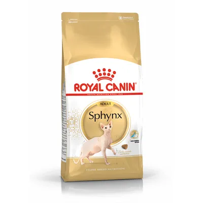 Royal Canin Adult Sphynx kattenvoer, afbeelding van een Sphynx kat en brokjes op de verpakking, tekst: Feline Breed Nutrition, Non Energy Break, tailor-made nutrition.