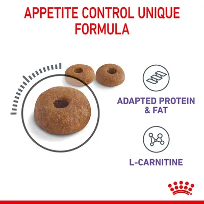 Kibble pieces shown with text: Appetite control unique formula, adapted protein and fat, L-carnitine.
