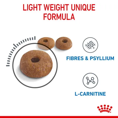 Image showing kibble with text highlighting light weight unique formula, fibres and psyllium, and L-carnitine as key features.
