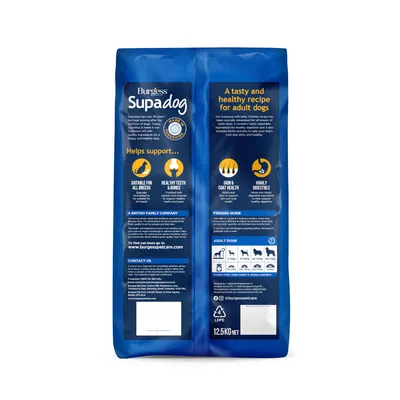 Back of Supadog food bag showing benefits: suitable for all breeds, healthy teeth and bones, skin and coat health, highly digestible. Includes feeding guide for adult dogs and 12.5kg net weight.