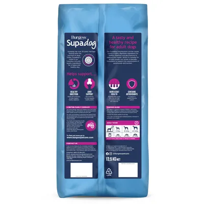 Back of Burgess Supadog food bag showing benefits for healthy digestion, joint support, skin and coat health, antioxidants, feeding guide by weight, and contact information.