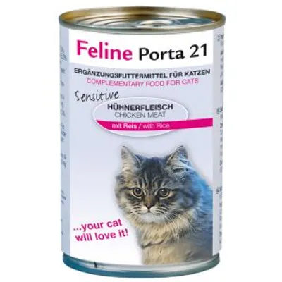 Feline Porta 21, alimento complementare per gatti, Sensitive Hühnerfleisch Chicken Meat mit Reis. Testo visibile: 'your cat will love it!'. Immagine di un gatto sul fronte.