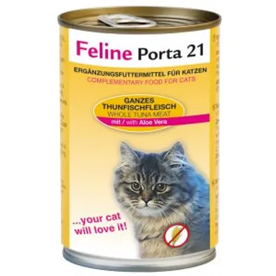 Feline Porta 21, alimento complementare per gatti, carne di tonno intero con aloe vera. Testo visibile: 'your cat will love it!'. Immagine di un gatto sul fronte della lattina.