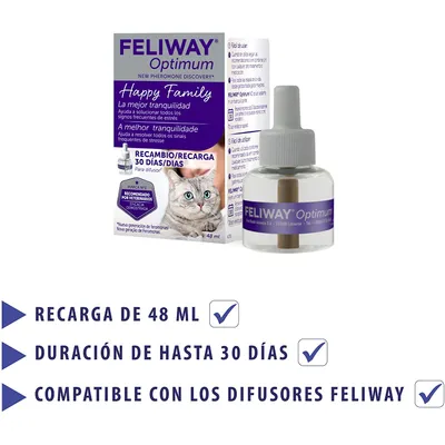Recambio Feliway Optimum 48 ml, duración hasta 30 días, compatible con difusores Feliway. Texto visible: recomendado por veterinarios, Happy Family, recarga para difusor.