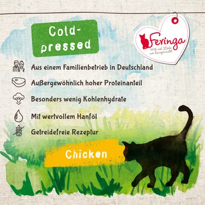 Feringa. Cold-pressed, aus Familienbetrieb in Deutschland, aussergewöhnlich hoher Proteinanteil, besonders wenig Kohlenhydrate, mit wertvollem Hanföl, getreidefreie Rezeptur, Chicken.