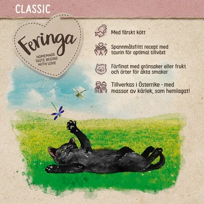 Feringa Classic. Homemade taste begins with love. Med färskt kött, spannmålsfritt recept med taurin, förfinat med grönsaker/frukt/örter, tillverkas i Österrike.