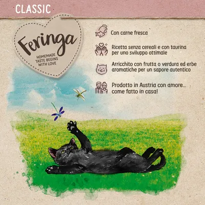 Feringa Classic. Con carne fresca, ricetta senza cereali e con taurina, arricchito con frutta o verdura ed erbe aromatiche. Prodotto in Austria con amore, come fatto in casa.