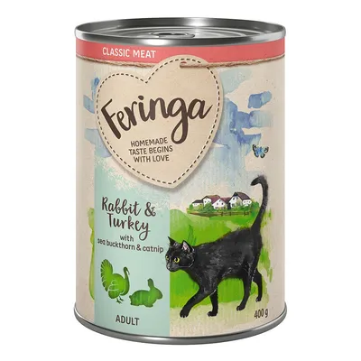 Boîte de nourriture pour chat adulte Feringa Classic Meat, Rabbit & Turkey with sea buckthorn & catnip, 400 g. Texte en anglais visible sur l’emballage.