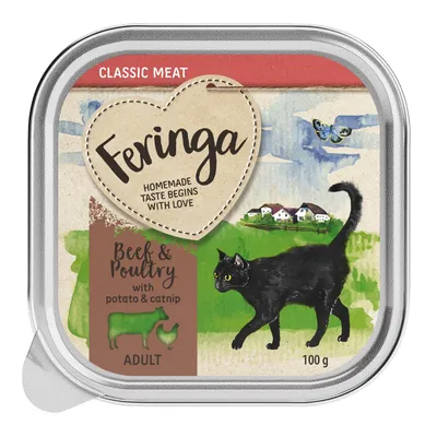 Feringa Classic Meat. Beef & Poultry mit Kartoffel und Katzenminze, Adult, 100g. Verpackung zeigt schwarze Katze vor Landschaft.
