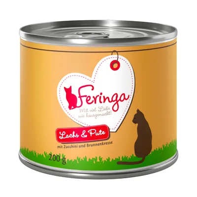 Feringa Lachs & Pute, mit Zucchini und Brunnenkresse, konzerva od 200 g s prikazom siluete mačke na narančastoj ambalaži. Tekst na njemačkom jeziku.