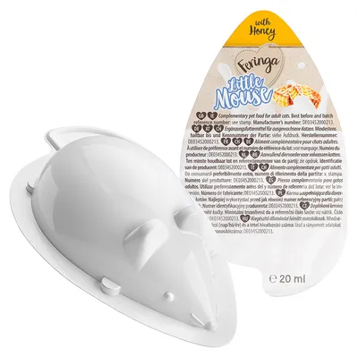 Feringa Little Mouse kompletteringsfoder för vuxna katter med honung, 20 ml. Tillverkar- och batchnummer synliga.