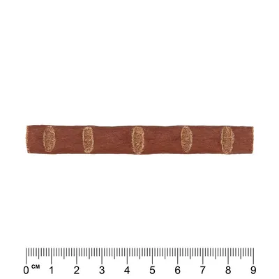 Snack per animali a forma di bastoncino marrone con segni chiari, lunghezza circa 9 cm indicata da un righello in centimetri sotto il prodotto.