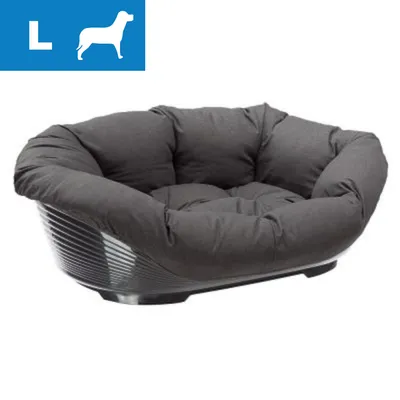 Hundeseng i størrelse L med sort plastbund og blød, mørkegrå pude. Blåt felt øverst med hvidt L og hundesilhuet.