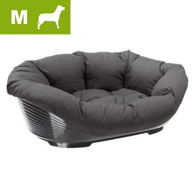 Hundeseng størrelse M, sort plastbund med blød mørkegrå pude. Hvidt ikon af hund og bogstavet M øverst til venstre.