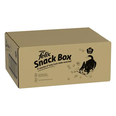 Felix Snack Box, 14 pack, selection of tasty treats inside every box. Includes 12x Goody Bag Original, 12x Goody Bag Mixed Grill, 12x Goody Bag Cheese, 2x Crispies with Salmon and Trout.