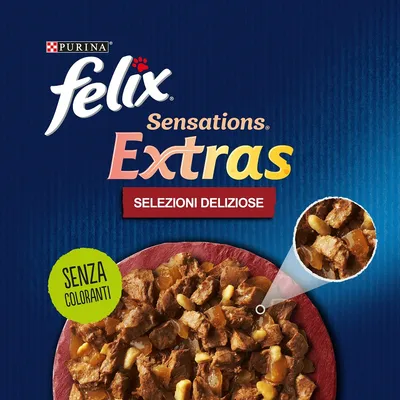 Purina Felix Sensations Extras Selezioni Deliziose, senza coloranti. Immagine di bocconcini in salsa su piatto rosso.