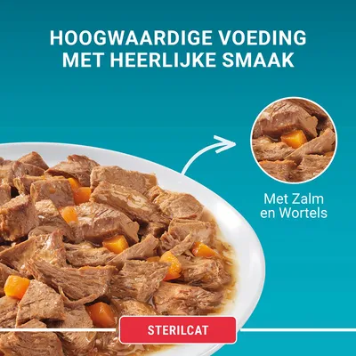 Hoogwaardige voeding met heerlijke smaak, met zalm en wortels. STERILCAT.