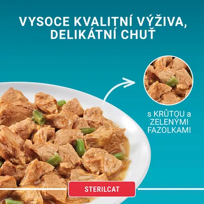 STERILCAT, vysoko kvalitná výživa, delikátna chuť, s krůtou a zelenými fazolkami. Text v češtine.