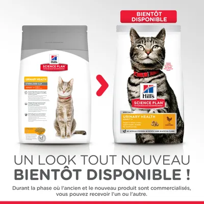Deux sacs Hill's Science Plan Urinary Health Sterilised Cat Adult poulet, ancien et nouveau design. Texte : Bientôt disponible. Vous pouvez recevoir l’un ou l’autre emballage.