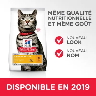 Hill’s Science Plan Urinary Health Adult 1+ au poulet, même qualité nutritionnelle et goût, nouveau look, nouveau nom, disponible en 2019. Texte en anglais sur l’emballage.