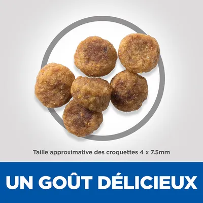 Taille approximative des croquettes 4 x 7,5 mm. Texte en bas : UN GOÛT DÉLICIEUX.