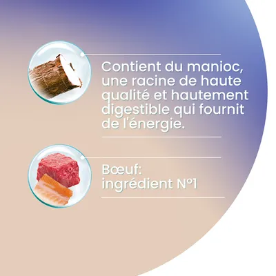 Contient du manioc, une racine de haute qualité et hautement digestible qui fournit de l'énergie. Bœuf : ingrédient N°1