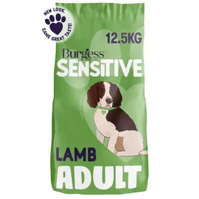 Burgess Sensitive Lamb Adult, 12.5kg. New look, same great taste.
